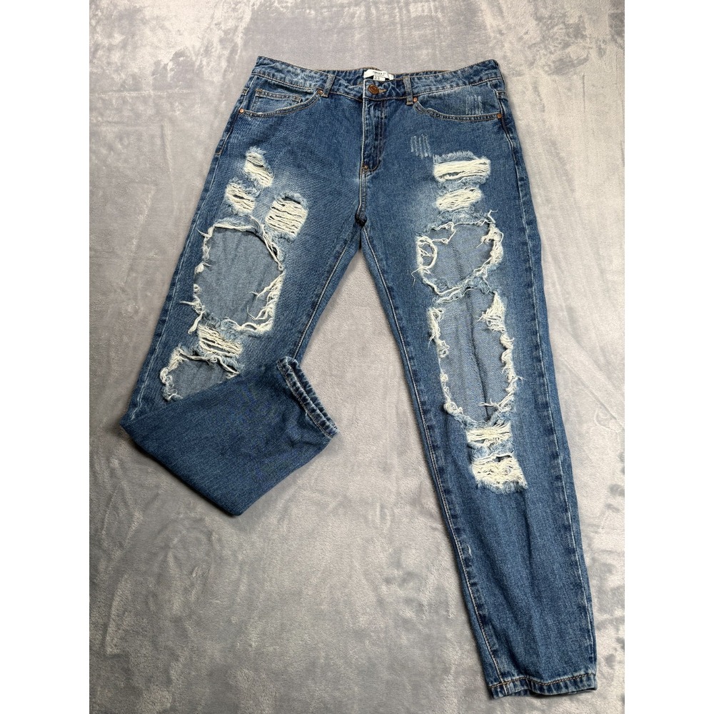 Forever 21 Jeans Mens 31 Blue Denim Medium Wash Distressed Mid Rise Straight Leg